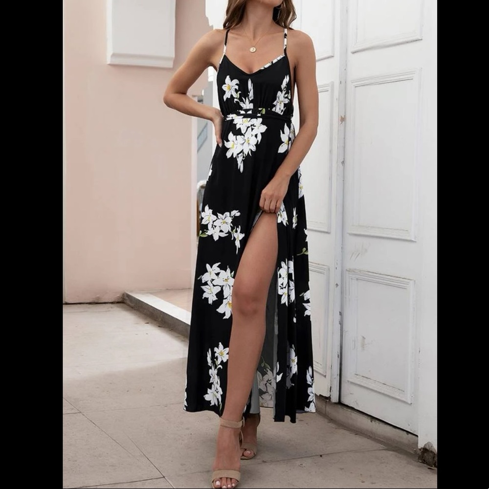 SHEIN Floral Split Thigh Cross Backless Cami Dress